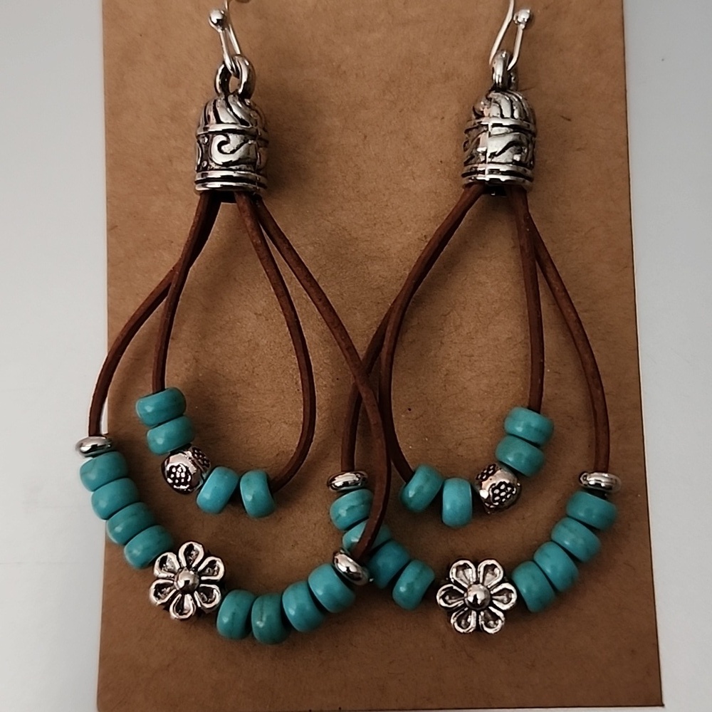 Natural Turquoise Beaded leather Dangle Boho Earrings - Picture 5 of 5